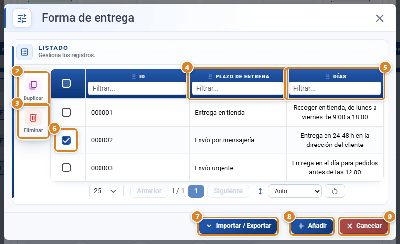 Ventana Forma de entrega en CotizaPrint: listado con las columnas Plazo de Entrega y Días, una fila marcada con la columna de acciones Duplicar y Eliminar y los botones Importar / Exportar, Añadir y Cancelar
