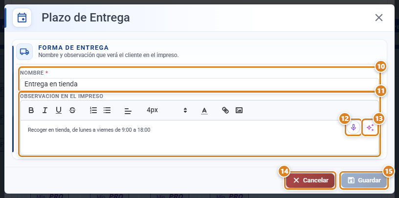 Ventana Plazo de Entrega de una forma de entrega en CotizaPrint: sección Forma de entrega con los campos Nombre y Observación en el impreso, los botones de dictado por voz y Asistente IA y los botones Cancelar y Guardar