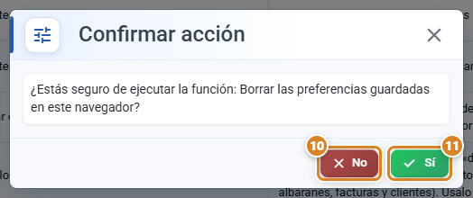Ventana Confirmar acción de Función Especial en CotizaPrint con la pregunta ¿Estás seguro de ejecutar la función: Borrar las preferencias guardadas en este navegador? y los botones No y Sí