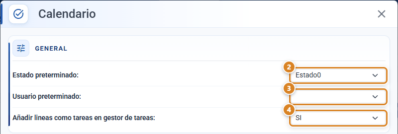 Sección General de la ventana Calendario del gestor de tareas en CotizaPrint, el ERP para imprentas, con el estado preterminado, el usuario preterminado y añadir líneas como tareas