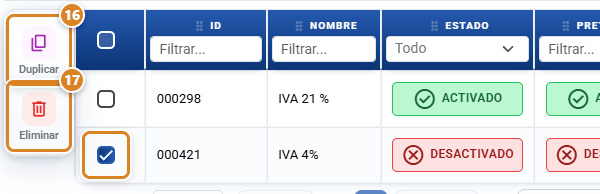 Listado de impuestos en CotizaPrint con una fila marcada y los botones Duplicar y Eliminar a la izquierda de la tabla