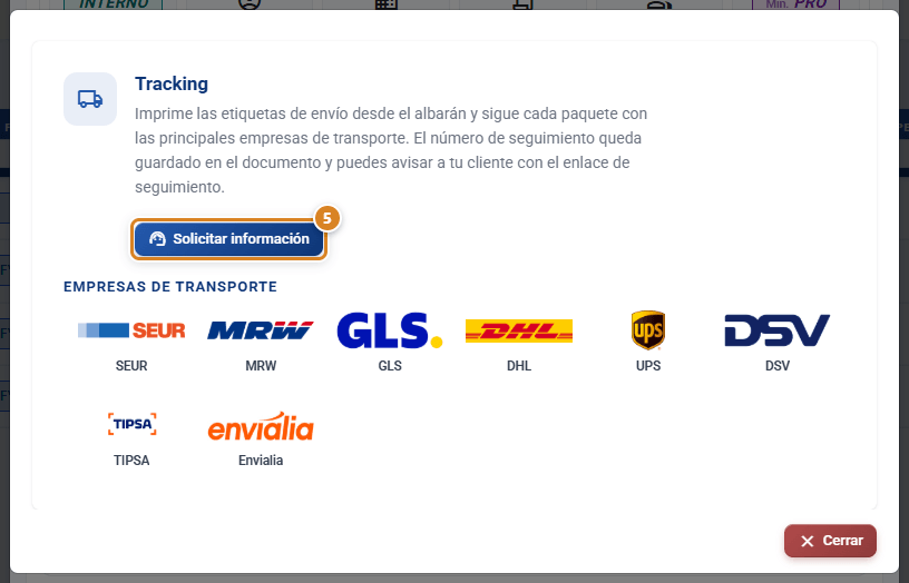 Ficha del módulo Tracking en CotizaPrint, el ERP para imprentas: descripción, botón Solicitar información y logotipos de las empresas de transporte