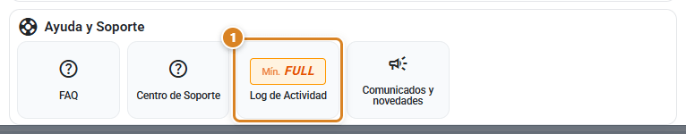 Panel Ayuda y Soporte de la ventana Configuración en CotizaPrint, el ERP para imprentas, con el acceso Log de Actividad y su distintivo Mín. FULL junto a FAQ, Centro de Soporte y Comunicados y novedades