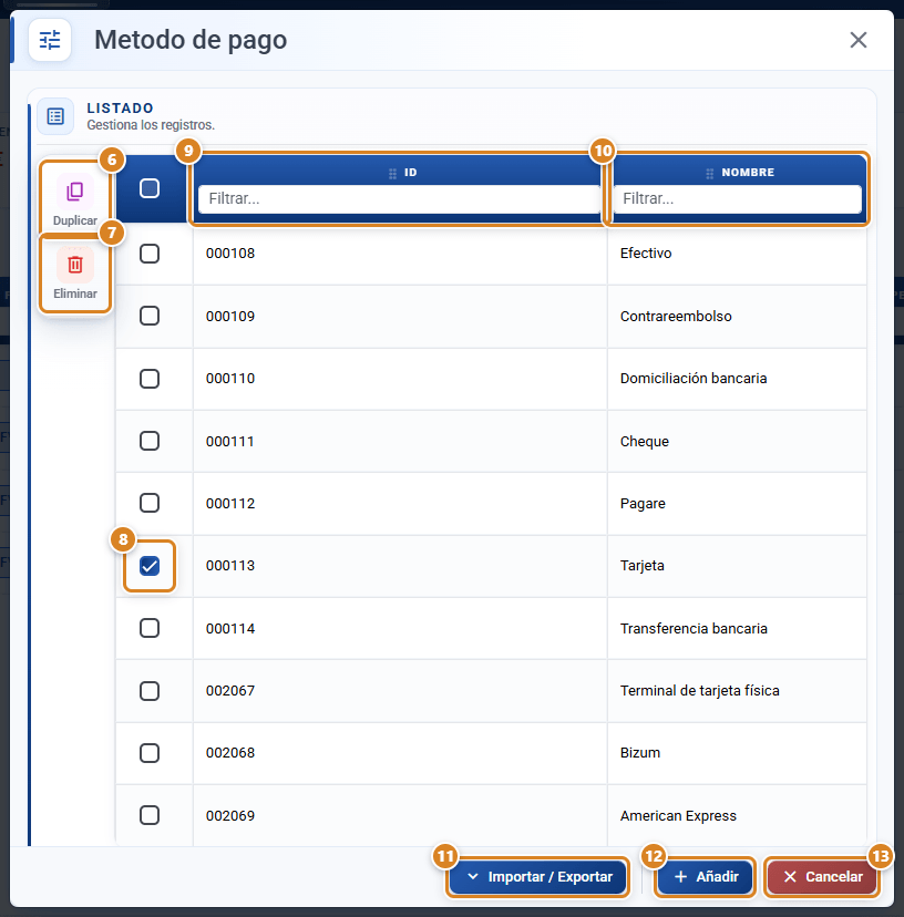 Listado Metodo de pago de Configuración en CotizaPrint con un método marcado, los botones Duplicar y Eliminar, las columnas ID y Nombre y los botones Importar / Exportar, Añadir y Cancelar