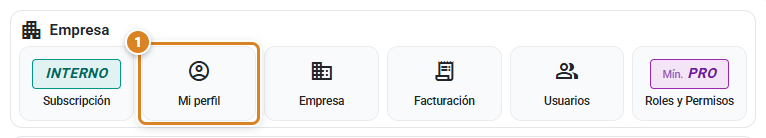 Panel Empresa de la ventana Configuración en CotizaPrint, el ERP para imprentas, con el acceso Mi perfil junto a Subscripción, Empresa, Facturación, Usuarios y Roles y Permisos