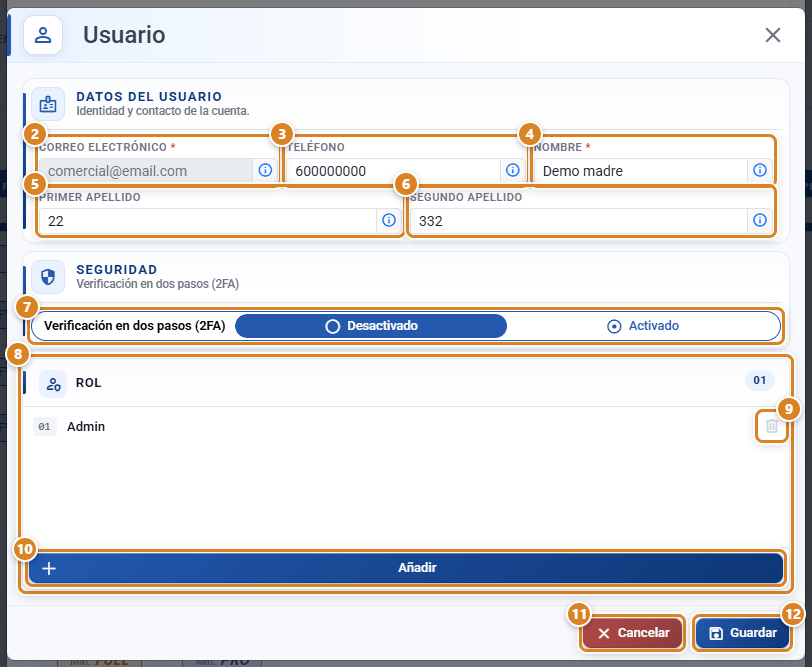 Ventana Usuario de Mi perfil en CotizaPrint, el ERP para imprentas: Datos del usuario con Correo Electrónico en solo lectura, Teléfono, Nombre, Primer apellido y Segundo apellido, Seguridad con la Verificación en dos pasos (2FA), la lista Rol con su botón Añadir y los botones Cancelar y Guardar