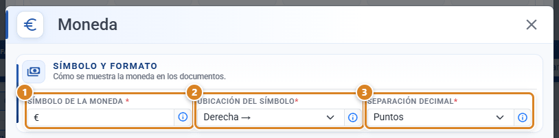 Sección Símbolo y formato de la ventana Moneda en CotizaPrint, con el Símbolo de la moneda, la Ubicación del símbolo y la Separación decimal