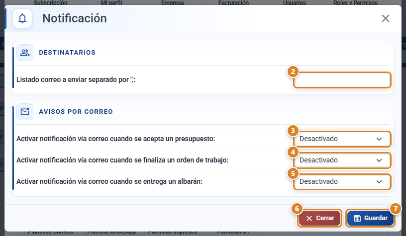 Ventana Notificación en CotizaPrint: sección Destinatarios con el listado de correos y sección Avisos por correo con los desplegables Activado o Desactivado de presupuesto aceptado, orden de trabajo finalizada y albarán entregado, y los botones Cerrar y Guardar