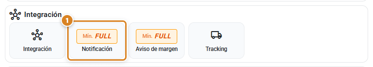 Panel Integración de la ventana Configuración en CotizaPrint con las tarjetas Integración, Notificación, Aviso de margen y Tracking