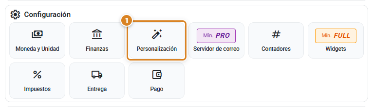 Panel Configuración de la ventana Configuración en CotizaPrint, el ERP para imprentas, con la casilla Personalización junto a Moneda y Unidad, Finanzas, Contadores e Impuestos