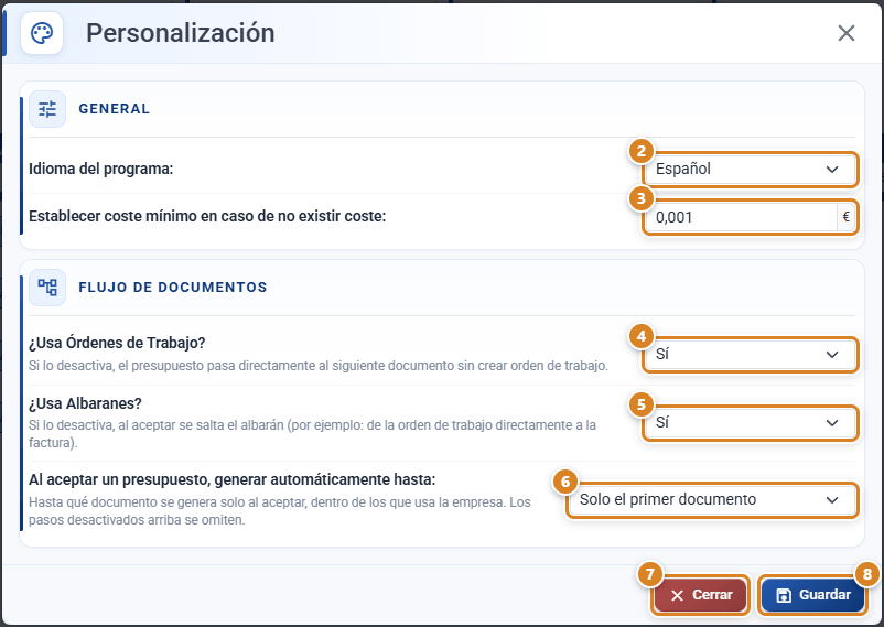 Ventana Personalización en CotizaPrint, el ERP para imprentas: sección General con el idioma del programa y el coste mínimo, sección Flujo de documentos con órdenes de trabajo, albaranes y hasta dónde generar al aceptar, y los botones Cerrar y Guardar