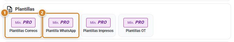 Panel Plantillas de la ventana Configuración en CotizaPrint con las tarjetas Plantillas Correos, Plantilla WhatsApp, Plantillas Impresos y Plantillas OT