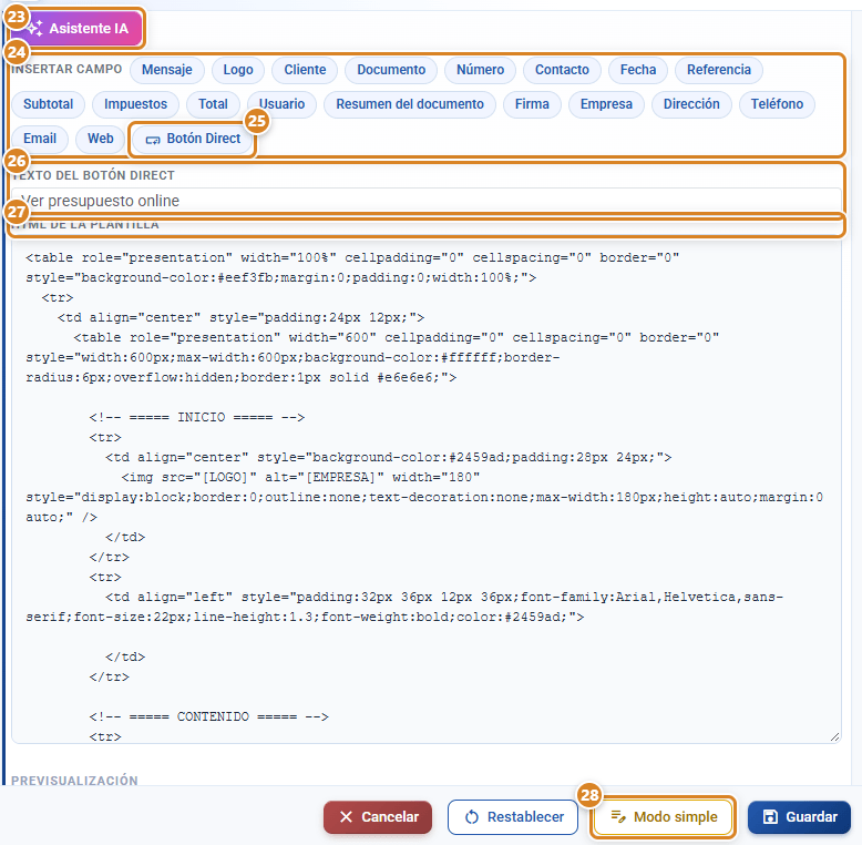 Modo avanzado de la plantilla de correo en CotizaPrint: botón Asistente IA, chips de Insertar campo con Botón Direct, Texto del botón Direct, editor HTML de la plantilla y botón Modo simple