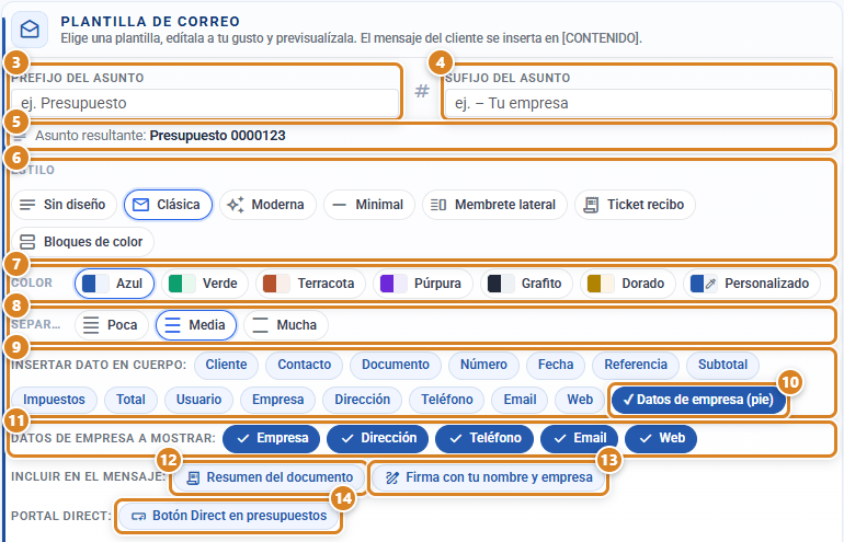 Ventana Configuración de Plantillas de Correo Electrónico en CotizaPrint: Prefijo y Sufijo del asunto, Asunto resultante, Estilo, Color, Separación, Insertar dato en, Datos de empresa (pie), Datos de empresa a mostrar, Incluir en el mensaje y Portal Direct