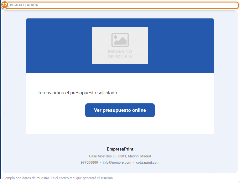 Previsualización de la plantilla de correo en CotizaPrint: el correo real con la banda del logo, el mensaje, el botón Ver presupuesto online y los datos de empresa en el pie