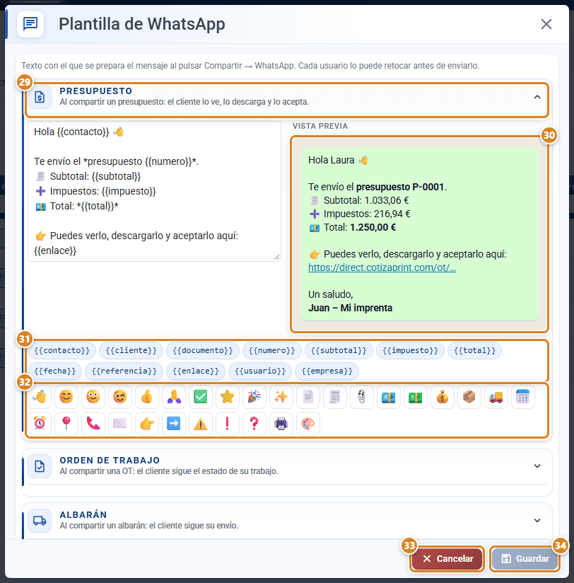 Ventana Plantilla de WhatsApp en CotizaPrint: sección Presupuesto abierta con el texto, la Vista previa en burbuja de WhatsApp, los chips de variables, la fila de emojis y los botones Cancelar y Guardar