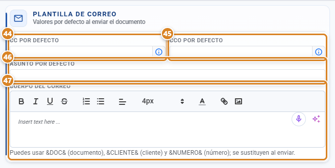 Pestaña Correo de una plantilla de impreso en CotizaPrint, el ERP para imprentas: CC por defecto, CCO por defecto, Asunto por defecto y el editor Cuerpo del correo con el botón de IA