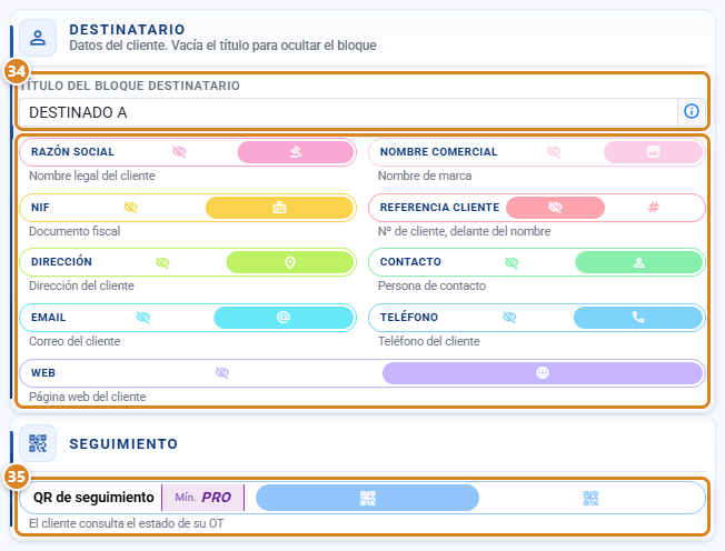 Parte de abajo de la pestaña Encabezado en CotizaPrint, el ERP para imprentas: sección Destinatario con su título y sus interruptores y sección Seguimiento con el interruptor QR de seguimiento