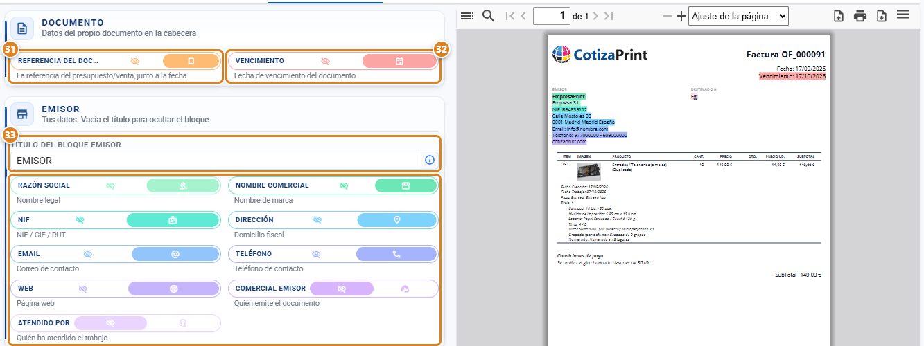 Pestaña Encabezado de una plantilla de impreso en CotizaPrint, el ERP para imprentas: sección Documento con Referencia del documento y Vencimiento, sección Emisor con su título y sus interruptores, y la vista previa con cada dato resaltado en su color