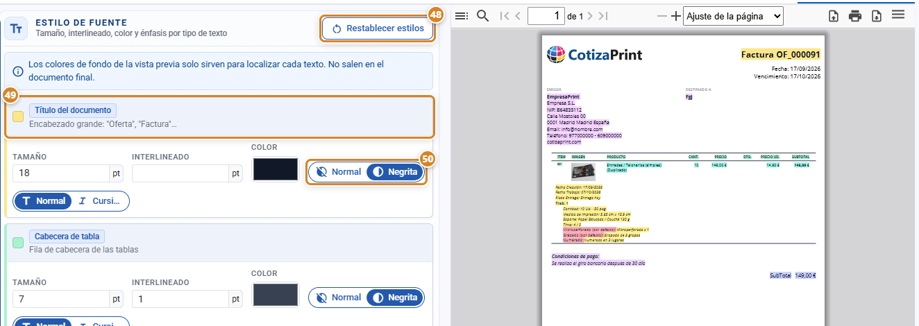 Pestaña Estilo fuente de una plantilla de impreso en CotizaPrint, el ERP para imprentas: botón Restablecer estilos, aviso de los colores de la vista previa y el bloque Título del documento con Tamaño, Interlineado, Color, Normal / Negrita y Normal / Cursiva