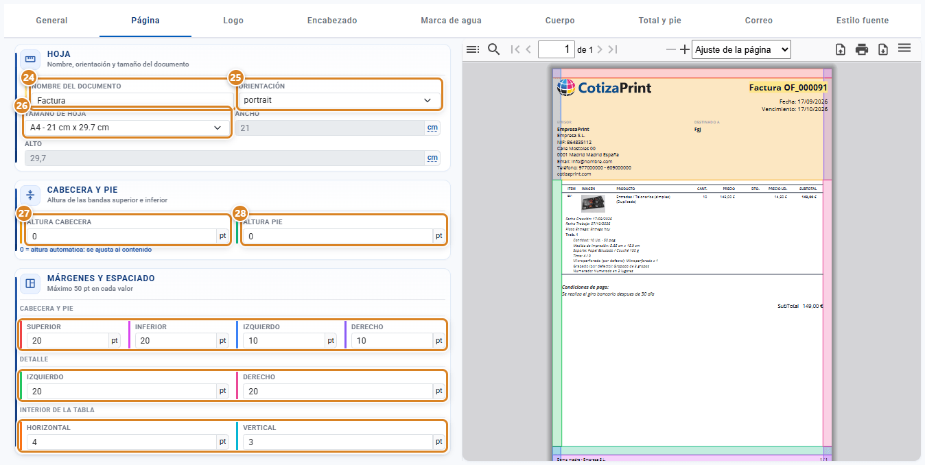 Pestaña Página de una plantilla de impreso en CotizaPrint, el ERP para imprentas: secciones Hoja, Cabecera y pie y Márgenes y espaciado, con la vista previa del PDF coloreada por zonas
