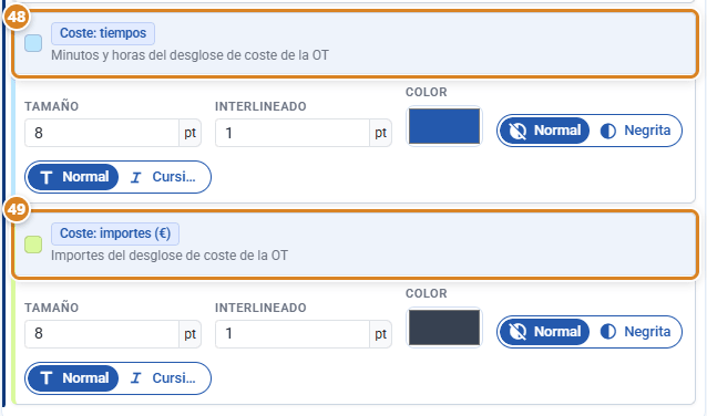 Bloques Coste: tiempos y Coste: importes de la pestaña Estilo fuente de una plantilla de OT en CotizaPrint, el ERP para imprentas, con Tamaño, Interlineado, Color, Normal / Negrita y Normal / Cursiva