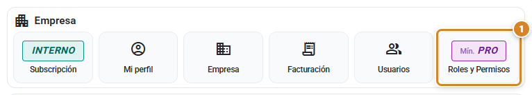 Panel Empresa de la ventana Configuración en CotizaPrint, el ERP para imprentas, con el acceso Roles y Permisos y su distintivo Mín. PRO
