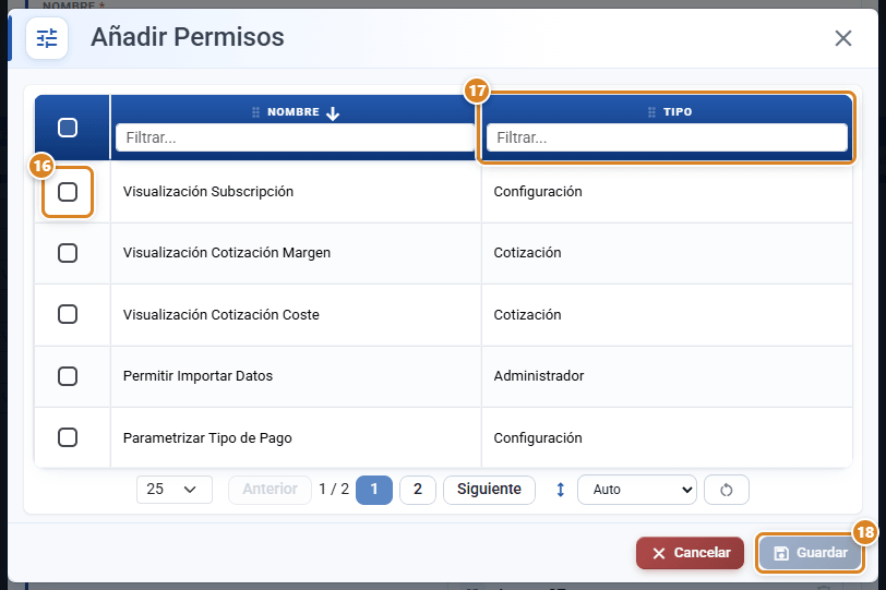 Ventana Añadir Permisos en CotizaPrint, el ERP para imprentas, con la lista de permisos que el rol todavía no tiene, sus columnas Nombre y Tipo y el botón Guardar