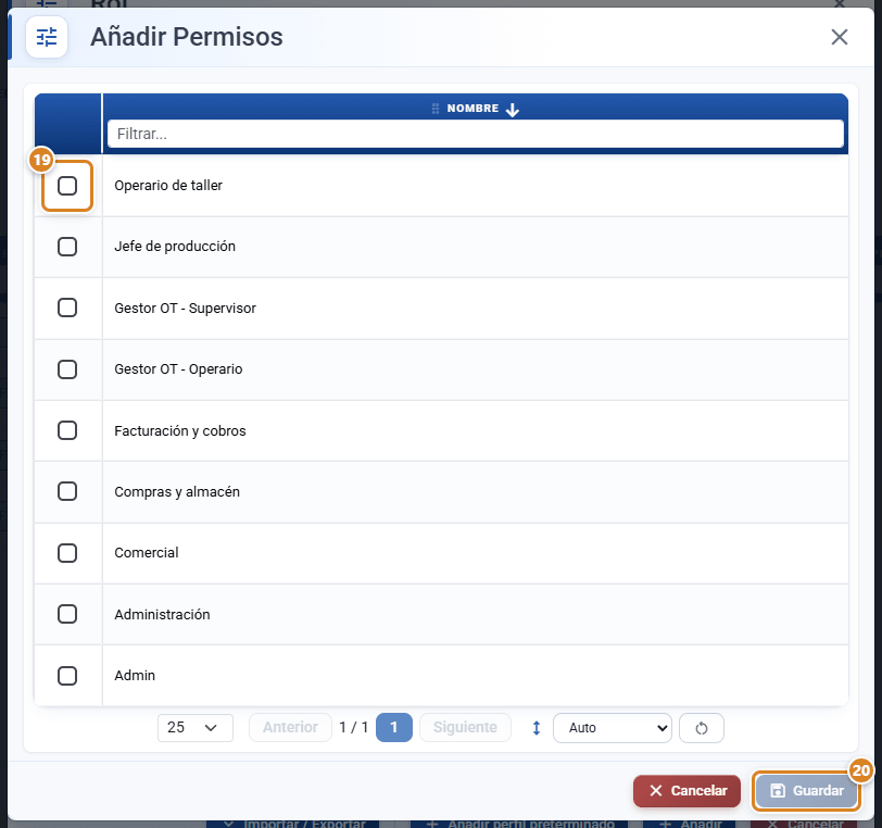 Ventana Añadir Permisos de Añadir perfil preterminado en CotizaPrint, el ERP para imprentas, con las plantillas Operario de taller, Jefe de producción, Gestor OT - Supervisor, Gestor OT - Operario, Facturación y cobros, Compras y almacén, Comercial, Administración y Admin
