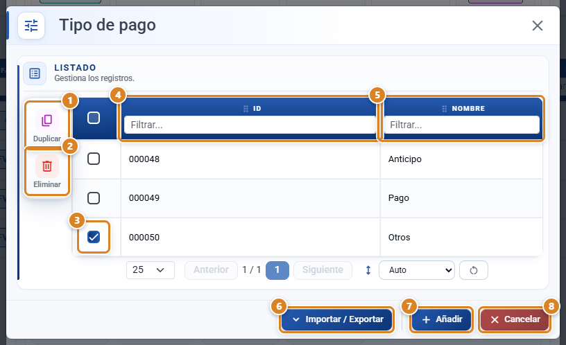 Listado Tipo de pago de Configuración en CotizaPrint con un tipo marcado, los botones Duplicar y Eliminar, las columnas ID y Nombre y los botones Importar / Exportar, Añadir y Cancelar