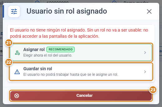 Aviso Usuario sin rol asignado en CotizaPrint, el ERP para imprentas, con las opciones Asignar rol (recomendado) y Guardar sin rol y el botón Cancelar