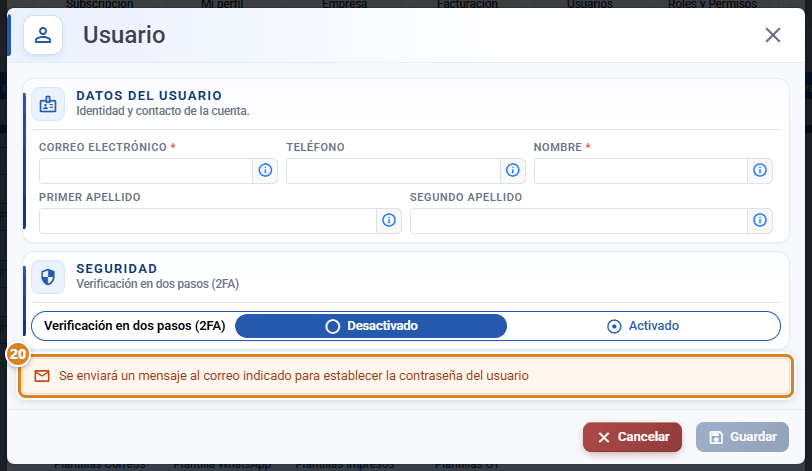 Formulario de alta de un usuario en CotizaPrint, el ERP para imprentas, con los campos vacíos, la Verificación en dos pasos (2FA) y el aviso Se enviará un mensaje al correo indicado para establecer la contraseña del usuario