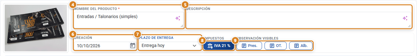Datos generales del cotizador en CotizaPrint, el ERP para imprentas: foto del producto, Nombre del producto y Descripción con su botón de IA, Creación, Plazo de entrega, Impuestos con el botón IVA 21 % y Observación visibles con Pres., OT. y Alb.