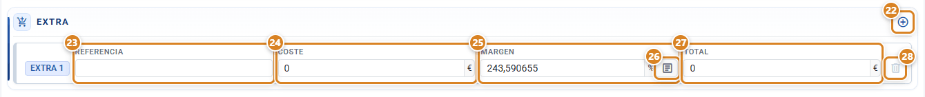 Tarjeta Extra del cotizador en CotizaPrint, el ERP para imprentas, con el botón Añadir Extra y una fila Extra 1 con Referencia, Coste, Margen, el icono del modo de margen, Total y la papelera