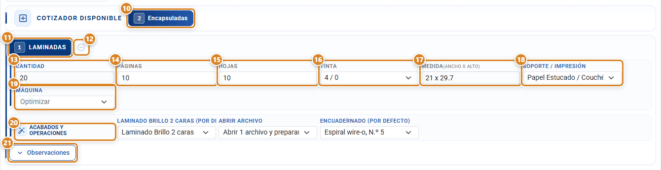 Gráficas del cotizador en CotizaPrint, el ERP para imprentas: la franja Cotizador disponible con la gráfica Encapsuladas sin activar y la gráfica Laminadas activa con Cantidad, Páginas, Hojas, Tinta, Medida, Soporte / Impresión, Máquina, Acabados y operaciones y el botón Observaciones