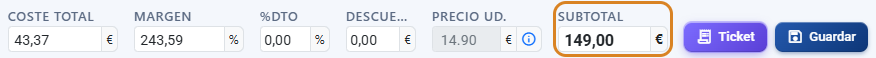 Foot of the quoting engine showing total cost, margin, discount, unit price and subtotal calculated in CotizaPrint