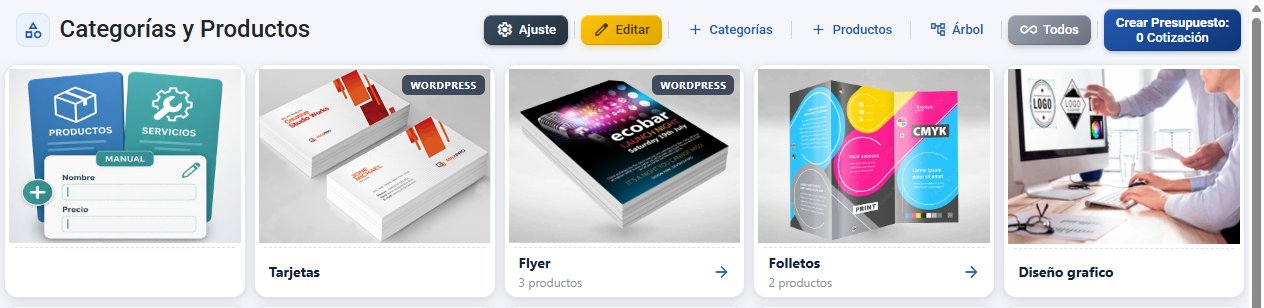 Catálogo de categorias e produtos do orçamentador de gráfica CotizaPrint, com um cartão por produto