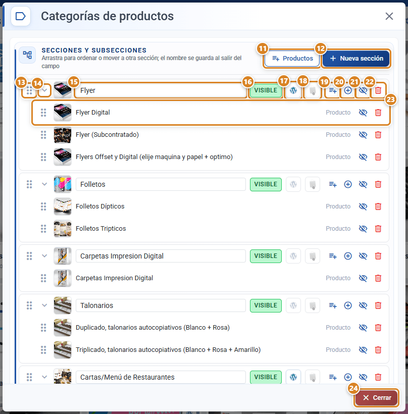 Ventana Categorías de productos de Configurar catálogo en CotizaPrint, el ERP para imprentas: botones Productos y Nueva sección, la sección Flyer con asa, flecha, nombre, insignia Visible, logos de WordPress y PrestaShop, añadir productos, añadir subsección, ocultar y eliminar, sus productos debajo y el botón Cerrar