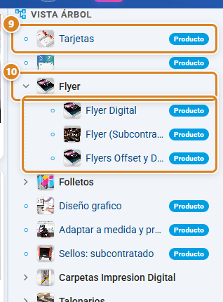 Vista árbol del catálogo en CotizaPrint, el ERP para imprentas: el producto Tarjetas con la etiqueta Producto y la categoría Flyer desplegada con sus productos Flyer Digital, Flyer (Subcontratado) y Flyers Offset y Digital