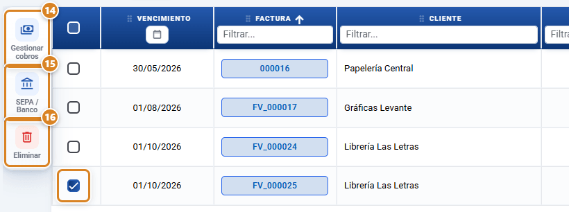 Columna de acciones de Efectos de Cobro en CotizaPrint, el ERP para imprentas, con un efecto marcado y los botones Gestionar cobros, SEPA / Banco y Eliminar