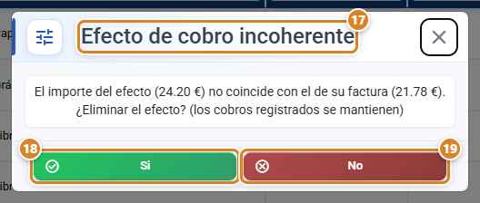 Aviso Efecto de cobro incoherente en CotizaPrint, el ERP para imprentas: el importe del efecto no coincide con el de su factura y pregunta si eliminar el efecto, con los botones Si y No