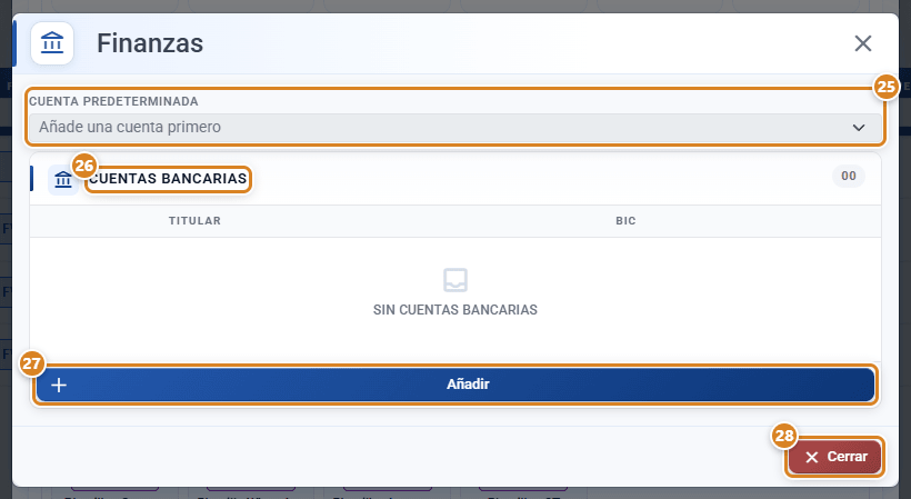 Ventana Finanzas de Configuración en CotizaPrint, el ERP para imprentas, con el selector Cuenta predeterminada, el catálogo Cuentas bancarias todavía vacío y los botones Añadir y Cerrar