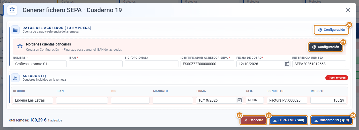 Modal Generar fichero SEPA · Cuaderno 19 en CotizaPrint, el ERP para imprentas: datos del acreedor con el aviso No tienes cuentas bancarias, tabla de adeudos con una fila con errores, Total remesa y los botones Cancelar, SEPA XML (.xml) y Cuaderno 19 (.q19)