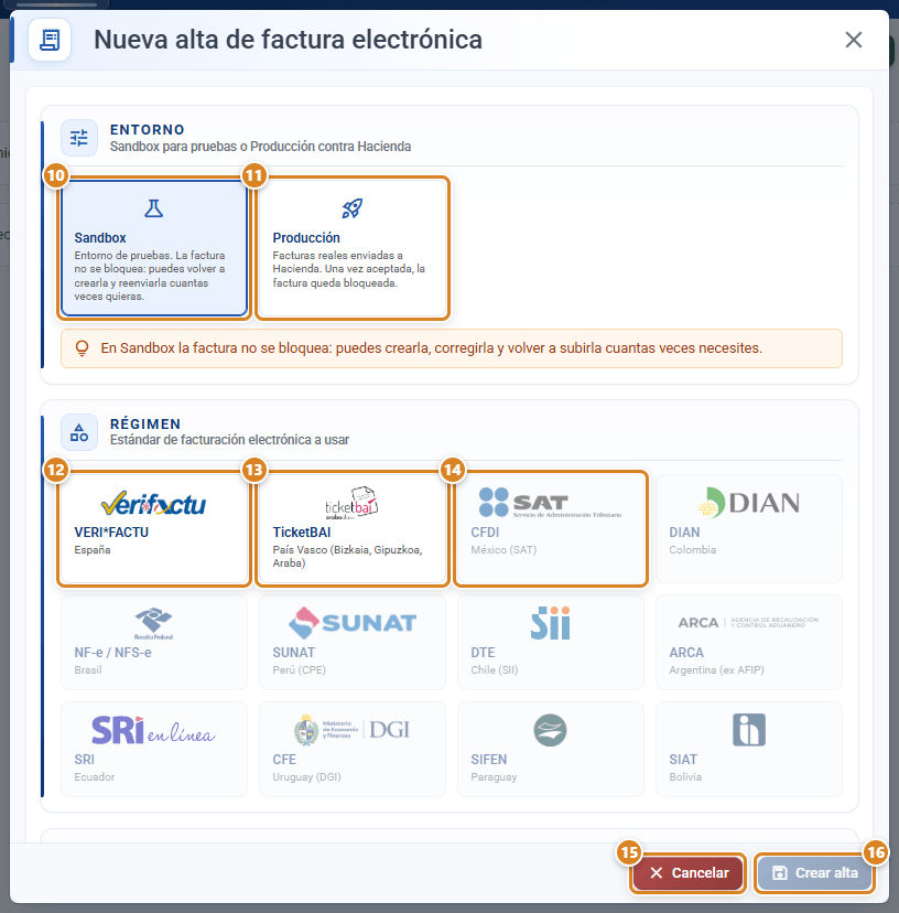 Asistente Nueva alta de factura electrónica en CotizaPrint, el ERP para imprentas: sección Entorno con Sandbox y Producción, sección Régimen con VERI*FACTU, TicketBAI y los regímenes de Latinoamérica atenuados, y los botones Cancelar y Crear alta