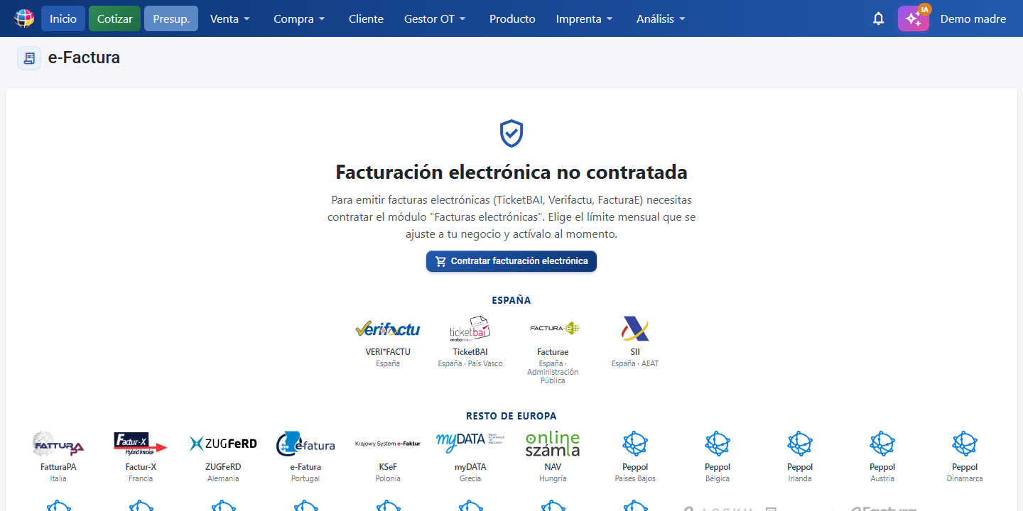 CotizaPrint electronic invoicing screen showing the registration status and the invoices already sent