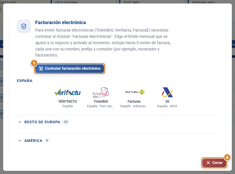 Ventana Facturación electrónica de CotizaPrint, el ERP para imprentas, que sale sin el módulo contratado: texto del módulo Facturas electrónicas, botón Contratar facturación electrónica, logos de España y las zonas Resto de Europa y América, y el botón Cerrar