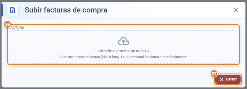 Modal Subir facturas de compra en CotizaPrint con la zona Factura para arrastrar o elegir PDF o fotos y el botón Cerrar