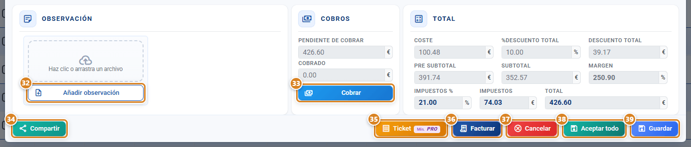 Rodapé da ficha de um documento de venda no CotizaPrint, o ERP para gráficas, com o botão Cobrar do bloco Cobranças e os botões Ticket e Faturar