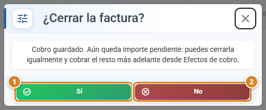 Aviso Fechar a fatura? no CotizaPrint, o ERP para gráficas, que aparece depois de guardar um recebimento, com os botões Sim e Não