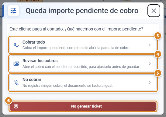 Janela Queda importe pendiente de cobro do ticket no CotizaPrint, o ERP para gráficas, com as opções Cobrar todo, Revisar los cobros e No cobrar e o botão No generar ticket